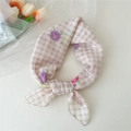 Petit foulard en coton et lin à carreaux marron clair avec motifs roses et violettes - Vichy Kaki Aux Roses