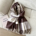 Detail of 100% wool scarf featuring brown plaid patterns and soft fringed edges - Wool Double Line Brown