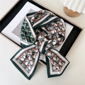 Narrow silk scarf with geometric weave pattern in dark green and brown tones - Woven Geometry Dark Green Brown
