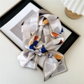 Beige rectangular silk scarf with navy geometric patterns and bird prints - Modern Geometry Bird Print Beige