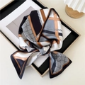 Elegant geometric print skinny scarf with chain pattern in black and brown tones - Silver Chain Leather Patchwork