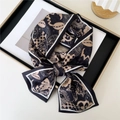 Retro floral and checkerboard skinny scarf tied in a bow with black and beige tones - Retro Floral Checkerboard Black