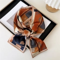 Vintage floral skinny silk scarf in orange, navy, and khaki geometric patchwork design - Retro Floral Geometric Orange Navy