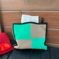Detail of green and beige checkered knit tissue cover with festive red ornaments on a desk - Checkerboard Style (BB0146) / 25*20cm