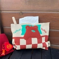 Close-up of knit tissue holder featuring bear motif and red checkered pattern for home decor - Color Block Sleeping Bear Style (BB0146) / 25*20cm