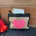 Detail of knitted heart pattern tissue holder with black handle on wooden bench - Large Heart Color Block Style (BB0146) / 25*20cm