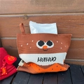 Close-up of a handmade knitted tissue cover with cartoon eyes and a convenient hanging loop - Cartoon Expression Style (BB0146) / 25*20cm