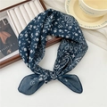 Dark blue linen square scarf with white paisley patterns tied in a chic bow - Moon Star Paisley Navy (33 Cotton) / 58*58cm