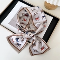 Silk-feel skinny scarf with vintage horse prints and a brown border in cream white - 23 Xiaomaqunmi / 12*145cm