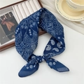 Dark blue linen-cotton scarf featuring white paisley pattern and soft breathable fabric - Round Leaf Navy (34 Cotton) / 58*58cm