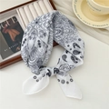 Soft white cotton-linen square scarf featuring a black vintage paisley floral pattern - Round Leaf White (36 Cotton) / 58*58cm