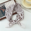 Elegant cotton linen scarf with brown paisley and mandala patterns on cream background - Round Leaf Beige (37 Cotton) / 58*58cm