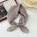 Brown cotton linen square scarf with white paisley print tied in a soft knot - Round Leaf Coffee (38 Cotton) / 58*58cm