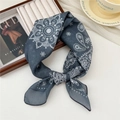 Blue bohemian cotton linen scarf with white mandala prints and stylish knot detail - Point Floral Grey (39 Cotton) / 58*58cm