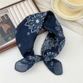 Navy blue linen-cotton square scarf with bohemian paisley pattern on a wooden tray - Point Floral Navy (41 Cotton) / 58*58cm