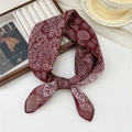 Elegant burgundy paisley cotton-linen scarf styled in a bow for a vintage aesthetic - Porcelain Floral Red (46 Cotton) / 58*58cm