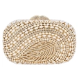 Macro shot of luxury evening clutch with leaf patterns, inlaid pearls, and crystals - Gold / White Zirconia