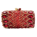 Detailed view of red rhinestone clutch with golden leaf clasp and luxury gemstone inlay - Red