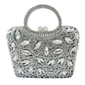 Silberne Luxus Abendtasche mit Blattkristallen und Perlenringgriff für Damen - Silber