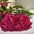 Elegant fuchsia satin evening clutch bag featuring 14 handmade 3D roses and metal handle - Rose Red