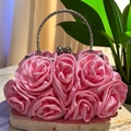 Pink satin clutch bag with 3D fabric rose floral decor and silver metal handle - Pink