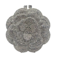 Elegant camellia rose crystal clutch bag with silver rhinestones and hollow metal frame - Silver White
