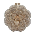 Detailed view of the luxury camellia-shaped evening clutch with sparkling pavé crystals - Gold White