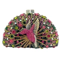 Dettaglio del colibrì in cristallo sulla pochette da sera con cornice dorata - Multicolore Viola Rosso Verde