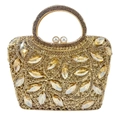 Elegant gold evening clutch with rhinestones, crystal leaf patterns, and pearl closure - Gold / Gold Rhinestone