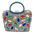 Luxurious gold clutch bag with colorful rhinestones and blue crystal ring handle - Gold Blue Multi