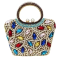 Vertical evening clutch bag featuring colorful crystals and dual pearl clasp closure - Gold White Multi