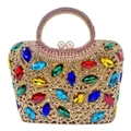 Golden luxury evening clutch bag with multicolored rhinestones and pearl clasp - Gold Pink Multi
