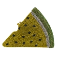 Macro shot of sparkling crystal-encrusted pizza clutch with yellow diamonds and metal clasp - Yellow Watermelon