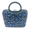 Vertical evening clutch with navy blue crystals, leaf patterns, and pearl clasps - Dark Blue