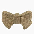 Close-up of golden bow-shaped evening bag with shimmering rhinestones and clasp detail - Gold / Gold Rhinestone