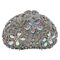 Detailed close-up of sparkling floral rhinestones on a silver metal evening clutch bag - Silver AB