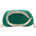 Sparkling green rhinestone evening clutch bag with large golden C-shaped handle - Emerald