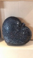 Macro shot of heart-shaped black crystal clutch bag with a top metal spherical clasp - 14*12*5cm / Black