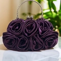 Elegant purple satin clutch bag with 14 rose flowers and silver metal handle - Purple