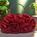 Elegant red satin clutch bag featuring 3D rose flowers and a silver metal round handle - Dark Red