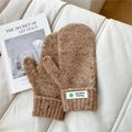 Detail of warm brown knit mittens with ribbed cuffs and fashion label on soft background - Starry Green Flower Camel