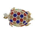 Luxuriöse schildkrötenförmige Clutch mit bunten Strasssteinen in goldenem Metallrahmen - Gold Bunt
