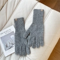 Close-up of gray knit gloves with long cuffs and a brown leather SOWLOW logo patch - One Size / Light Gray