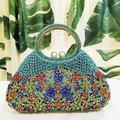 Pochette de soirée luxe avec fleurs en strass colorés et poignée ronde sertie - 23*12*6cm / Vert Paon Coloré