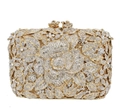 Golden evening clutch bag with rose flower design and sparkling rhinestone crystals - Gold / White Zirconia