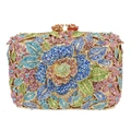 Blue rose pattern evening clutch bag with sparkling crystals and golden metal frame - Gold Multicolor