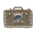 Silver camera shaped luxury clutch bag fully embellished with sparkling rhinestones - Gold / White Zirconia