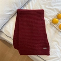 Thick waffle knit scarf in deep red wine color with silver metal brand tag detail - 30x180cm / Foggy Red (Strawberry Corn)