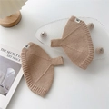 Detail of ribbed beige knit half-finger gloves with a premium woven brand label - One Size / Camel