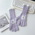 Dettaglio di guanti in maglia viola chiaro con lettera D in peluche e polsini in ecopelliccia - Viola